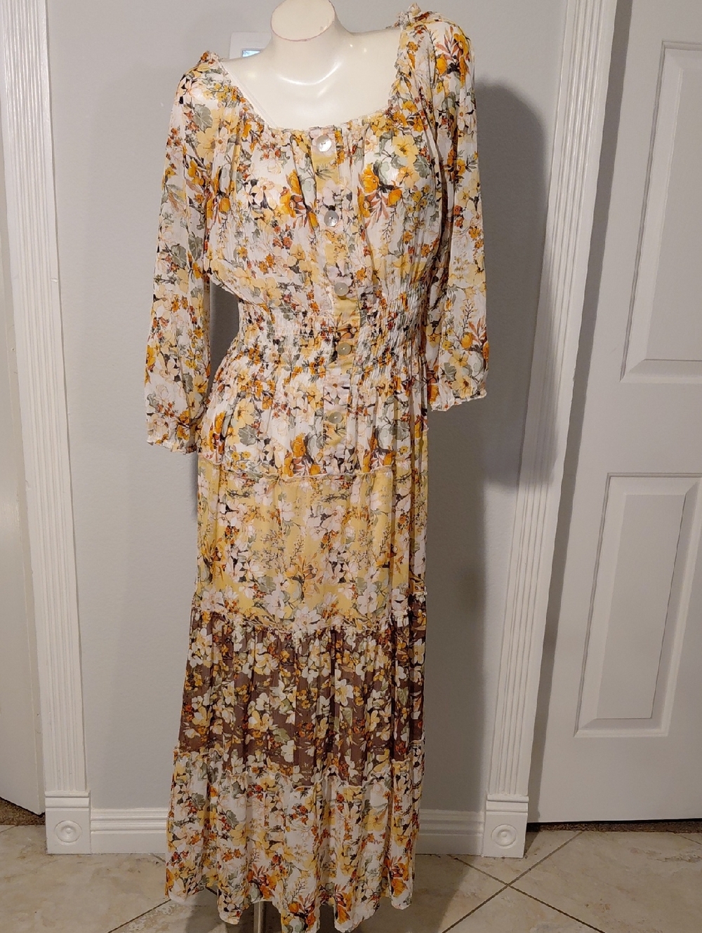Floral Smocked Maxi Dress in Yellow and Cream